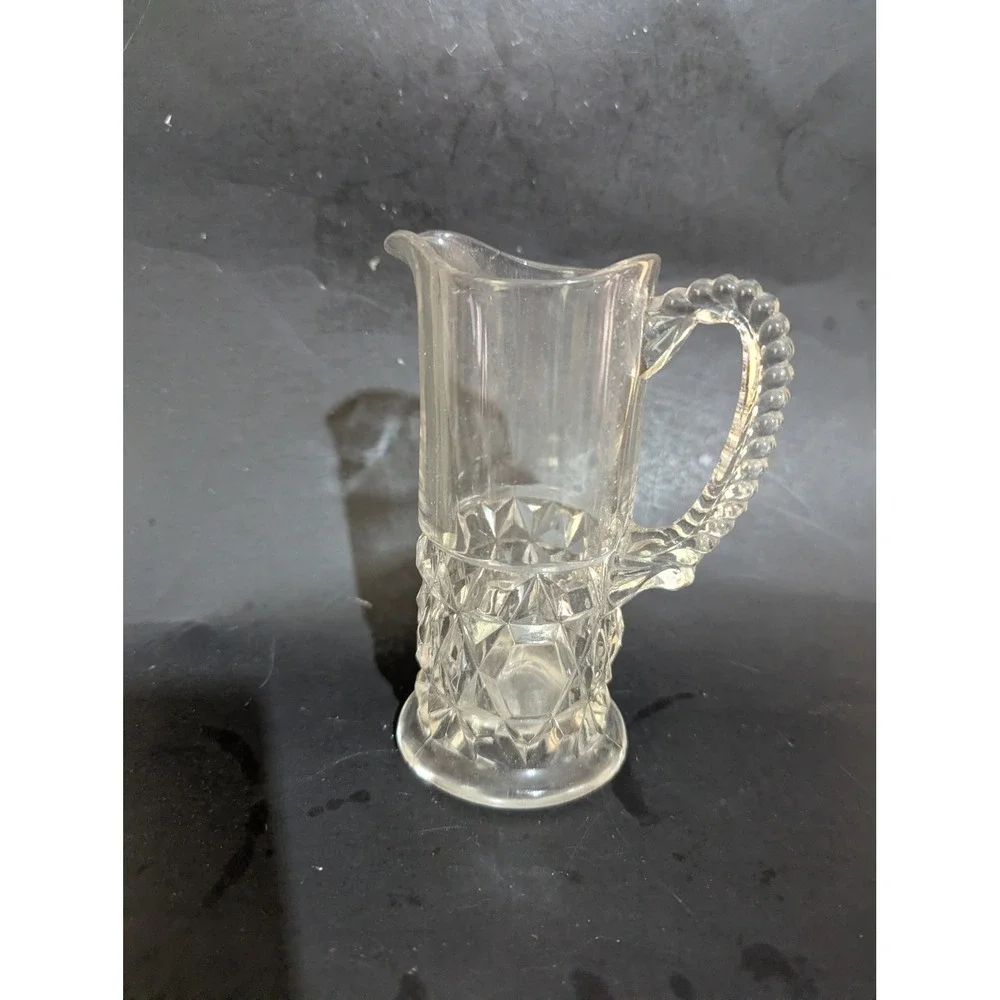 Vintage‎ Clear Glass Small Pitcher Diamond Cut Pattern Beaded Handle 6 Inch